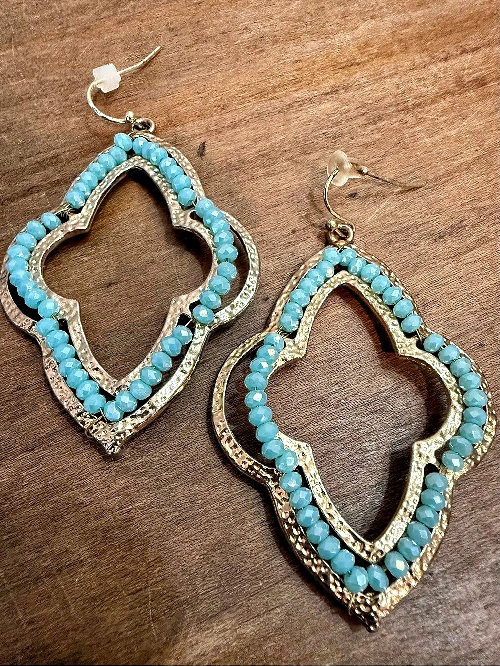 Turquoise Blue Beaded Gold Tone Moroccan Quatrefoil Statement Earrings